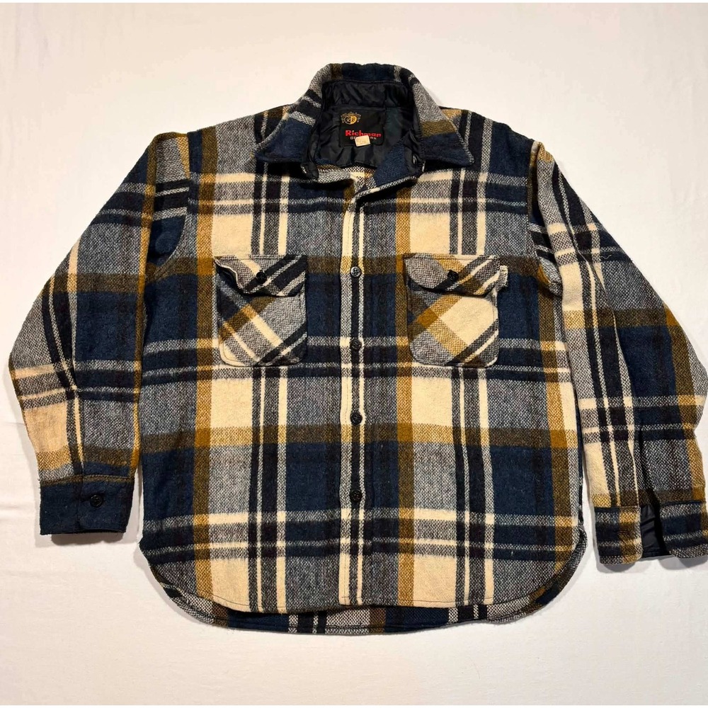 Vintage Richman Brothers Plaid Flannel Shirt Jacket‎ Quilted Lined Navy Yellow L